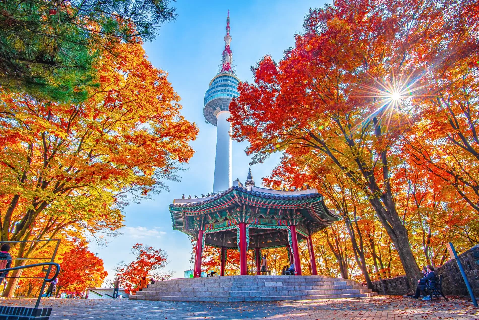 N Seoul Tower surrounded by vibrant autumn foliage at Namsan Park in Seoul, South Korea.