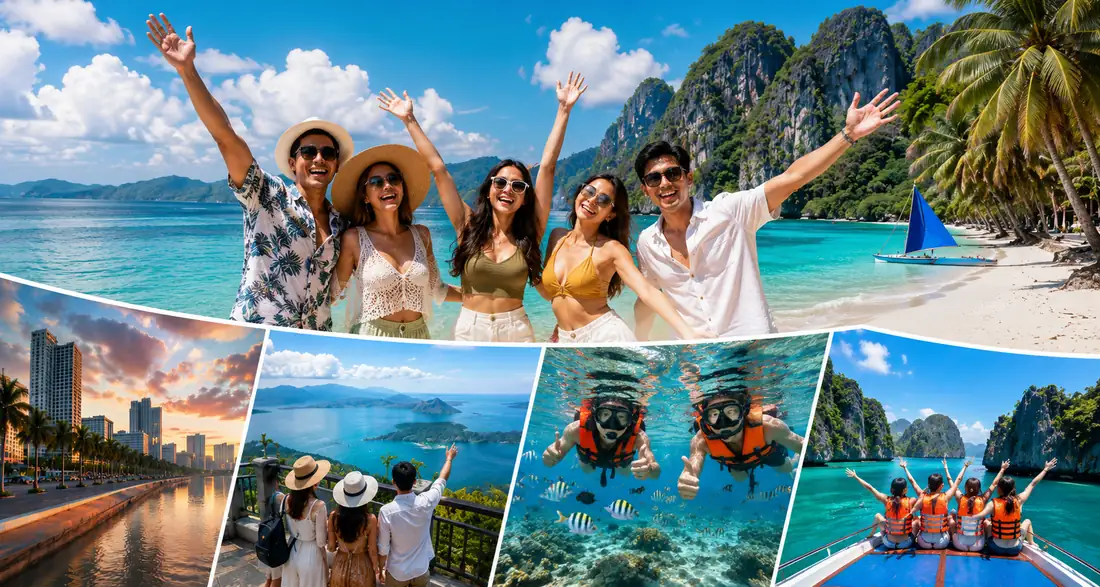Friends celebrating on a tropical Philippine beach with inset scenes of a sunset skyline, an island viewpoint, snorkeling, and a boat trip